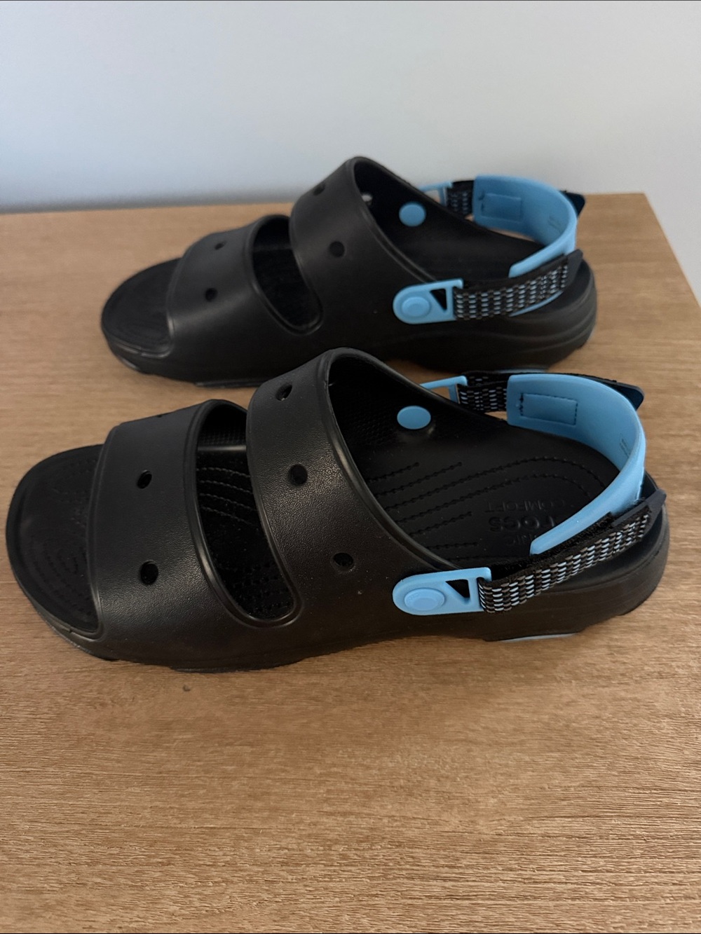CROCS Black Sandals with Light Blue Heel Strap and Vented Straps BEST OFFER